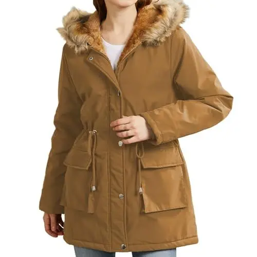 Produktbild: QINQNC Frauen Leichter Wintermantel Women Kaschmir Damen-Winterparka-Jacken mit Fleecefutter, gefütterte Mäntel, wattierter Thermomantel mit Kunstkapuze, Winddichte, Female Pelzkragen (Khaki, XL)