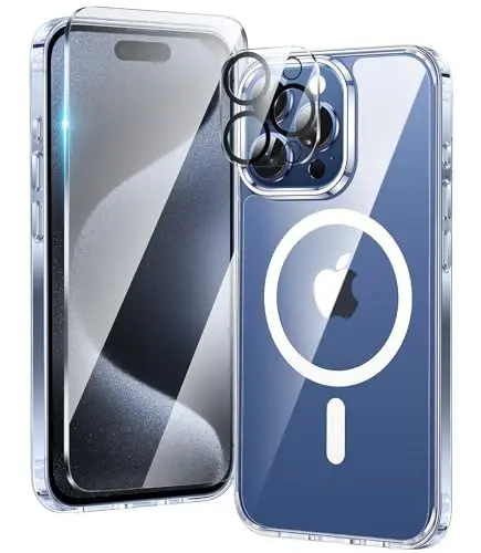Produktbild: FNTCASE für iPhone 15-Pro-Max Klar Hülle: Handyhülle Magnetische Militär Fallschutz Anti Vergilbung Handyhülle - Robuste langlebige stoßfeste Schutzhülle 6,7 Zoll (Klar)