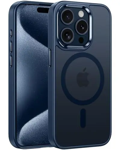 Produktbild: FNTCASE für iPhone 15-Pro Hülle: Magnetisch Matt Durchscheinende Rückseite Dünne Handyhülle Militärstandard Fallschutz Stoßfest Case Robust Kratzfest Schutzhülle Blau