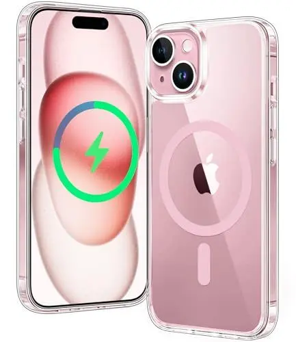 Produktbild: FNTCASE für iPhone 15 Clear Hülle: Magnetische Hybrid mit Kameraschutz Fallschutz Anti Vergilbung Kratzfest Militärschutz Dünne Transparent Handyhülle iPhone 15 Cover 6.1 Zoll Rosa Klar