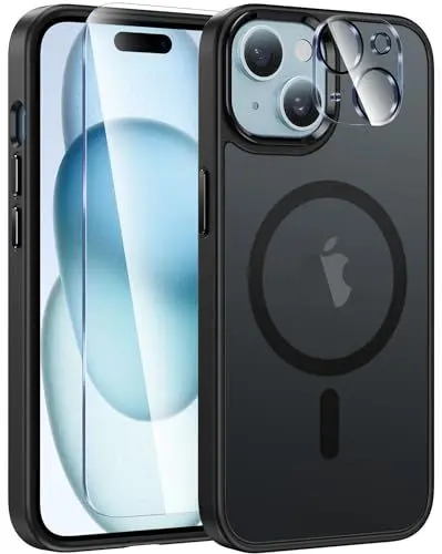 Produktbild: FNTCASE für iPhone 15 Hülle Magnetische: iPhone 15 Handyhülle Translucent Matte Militär Fallschutz Anti Vergilbung Handyhülle - Robuste langlebige Stoßfeste Dünne Schutzhülle Schwarz