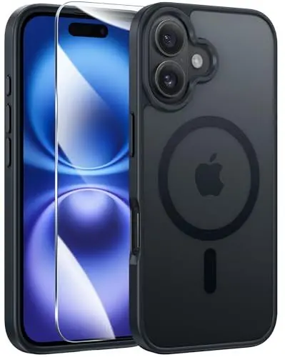 Produktbild: FNTCASE für iPhone 16 Hülle: iPhone 16 Handyhülle Magnetische Matt Robuste Stoßfeste - Militärische Klasse Fallsicher Harter Rücken Anti-Fingerabdruck Schutzhülle(Schwarz)