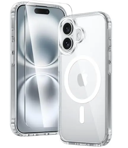 Produktbild: FNTCASE für iPhone 16 Klar Hülle: Magnetisch Militärischen Grad Fallschutz Anti Vergilbung Schlankes Hülle - Robuste Stoßfeste Schützende Transparente Handyhülle - 6,1 Zoll (Klar)