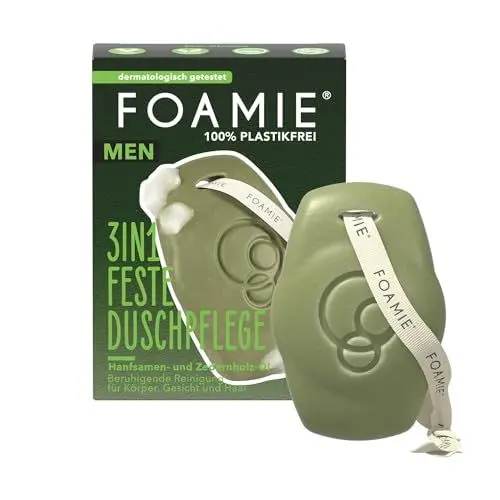 Produktbild: Foamie 3in1 Feste Dusche Männer, Hanfsamen & Zedernholz-Öl, Körper, Gesicht, Festes Shampoo Herren, Beruhigende Reinigung, 90g Extra-Pflegepackung