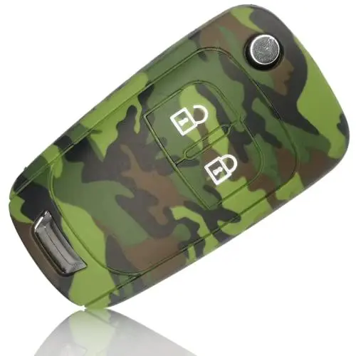 Produktbild: FOAMO Autoschlüssel Hülle kompatibel mit Opel Chevrolet 2-Tasten - Silikon Schutzhülle Cover Schlüssel-Hülle in Camouflage Dunkel-Grün Dunkel-Braun Beige