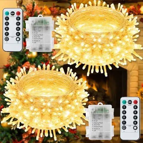 Produktbild: Fobekit 2x40LEDs Lichterkette Batterie mit Fernbedienung, IP65 Wasserdicht mit Timer für Schlafzimmer, Weihnachten, Party (Warm weiß)