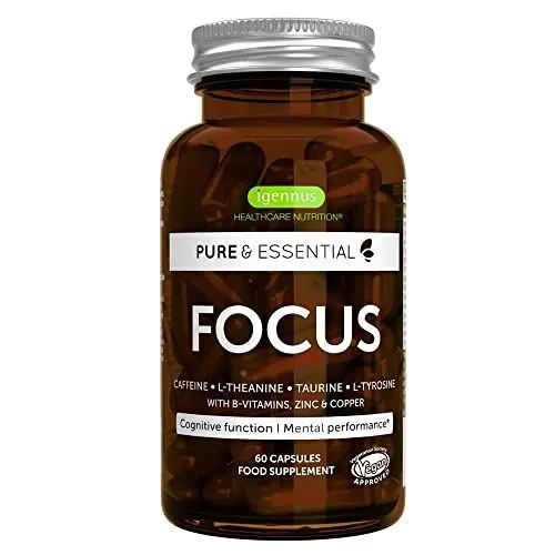 Produktbild: Focus – Gehirn-Booster mit Koffein, L-Theanin, Taurin, L-Tyrosin plus B-Vitamine, Zink & Kupfer, Verbesserte Kognitive Funktion & Geistige Leistungsfähigkeit, 60 Kapseln, von Igennus