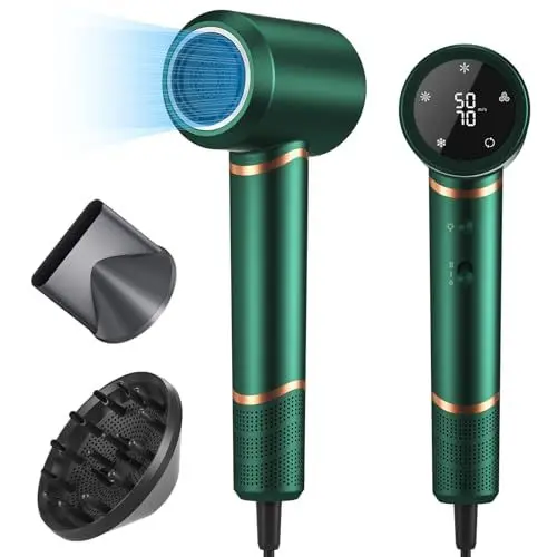 Produktbild: Föhn Ionen Haartrockner 1600W AC-Motor Schnell trocknender Professioneller Fön 110.000 U/min Hochgeschwindigkeit mit 2 Geschwindigkeits- und 3 Hitzeeinstellungen, Kaltlufttaste mit 1 Diffusor - Grün