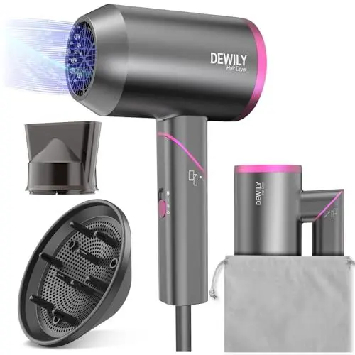 Produktbild: Föhn Ionen Haartrockner mit Diffusor - DEWILY Profi Fön Reisefön Klappbar Klein，Haarföhn lockenföhn leise mit 1 diffusor locken aufsatz， 1 Stylingdüse， Hair Dryer mit 3 Heizstufen