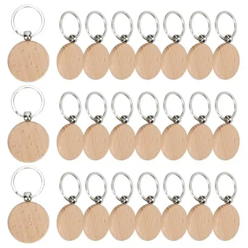 Produktbild: FOGAWA 24 Stück Schlüsselanhänger Holz Blanko DIY Holz Schlüsselanhänger Rund Wooden Keychain 4 cm Schlüsselanhänger Schlüsselbund Rohlinge für DIY, Malerei, Basteln Dekoration Geschenke(Rund)