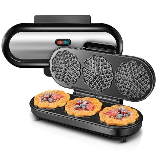 Produktbild: FOHERE King Size Waffeleisen, 15 Herzwaffeln in 2 Minuten, 7 Bräunungsstufen, Überlaufrille, Extra Tiefe Heizplatten, 1200W, Edelstahl, ideal für Familie & Party (silbrig)