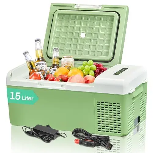 Produktbild: FOHERE Kompressor Kühlbox, 15L Auto Kühlschrank und Gefrierschrank,Tragbarer Mini Kühlschrank (-20℃~20℃) mit 12/24V DC & 220-240V AC für Auto, RV, LKW, Van, Boot für Camping, Reisen, Angeln, Grün