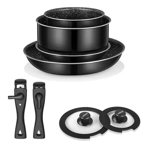 Produktbild: FOHERE Topfset Pfannenset 8-Teilig mit 2 Abnehmbaren Griffen Und 2 Deckel, Pfanne 20/28CM, Topf 2.6/1.4L, Induktions Töpfe Set Für alle Herdarten, Spülmaschinenfest Und ofenfest, Antihaftbeschichtet