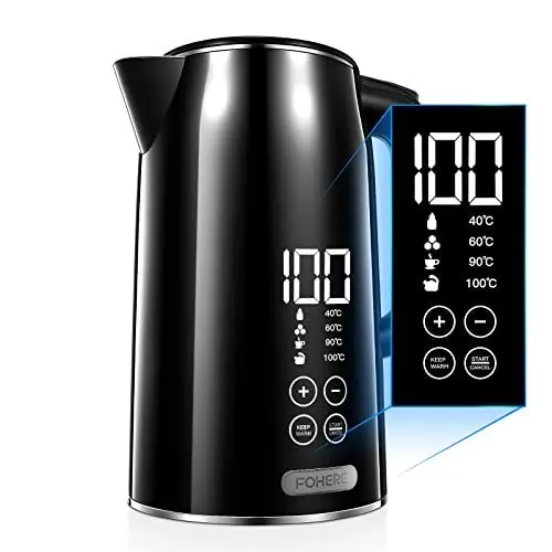 Produktbild: Wasserkocher mit Temperatureinstellung (1.7L), LCD Temperaturanzeige (von 40 °C bis 100 °C), FOHERE Doppelwand Wasserkocher Schwarz, 240 Min Warmhalten, Leises und schnelles Aufheizen (2200W)