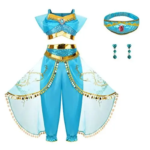 Produktbild: Foierp Jasmine Kostüm für Kinder mit Prinzessin Jasmine Dress Up Mädchen Fancy Kleider Weihnachten Halloween Cosplay Party Outfits