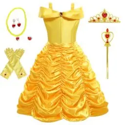 Produktbild: Foierp Prinzessin Belle Kostüme Mädchen Drop Shoulder Belle Kleid mit Handschuhe Diadem Zauberstab Halskette Ringe, Kinder Cosplay Halloween Party Verkleiden, 2-10 Jahre