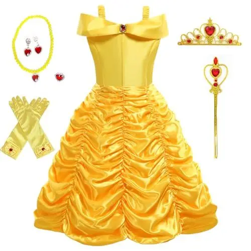 Produktbild: Foierp Prinzessin Belle Kostüme Mädchen Drop Shoulder Belle Kleid mit Handschuhe Diadem Zauberstab Halskette Ringe, Kinder Cosplay Halloween Party Verkleiden, 2-10 Jahre