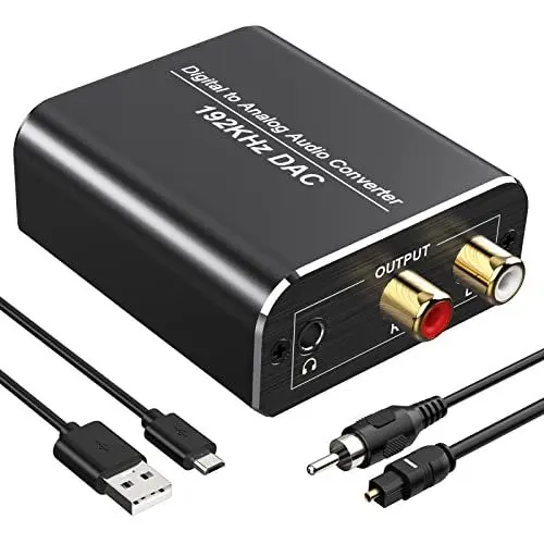 Produktbild: Fokky DA Wandler, 192kHz DAC Konverter Digital-Analog-Wandler, SPDIF Koaxial Toslink zu Analog Stereo RCA L/R 3,5 mm Audio Adapter mit Optisches Kabel+Koaxialkabel, Optical to Aux für TV DVD Blu-Ray