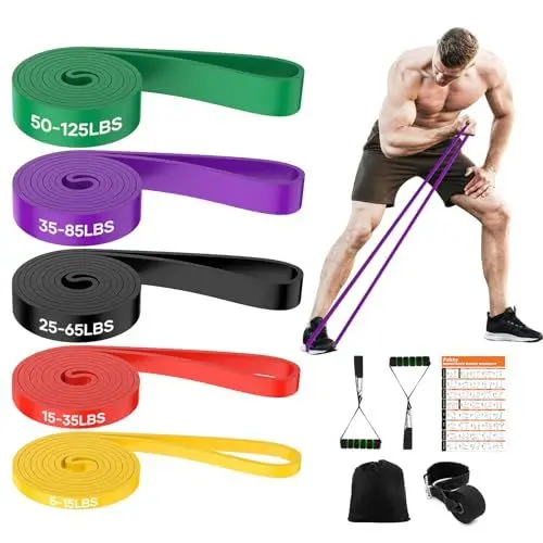 Produktbild: Fokky Fitnessbänder Widerstandsbänder mit 5 Stufen, Resistance Bands mit Türanker, 2*Griffen, Übungsanleitung&Tragebeutel, Gymnastikband Klimmzugband Fitnessband für Muskelaufbau,Yoga,Pilates 5er Set