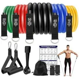 Produktbild: Fokky Fitnessbänder, 5er Set Resistance Bands, Widerstandsbänder 5 Widerstandsstufen mit Türanker, Griffe,Knöchelriemen, Ideal für Yoga, Pilates, Muskelaufbau, Gymnastikband für Männer Frauen