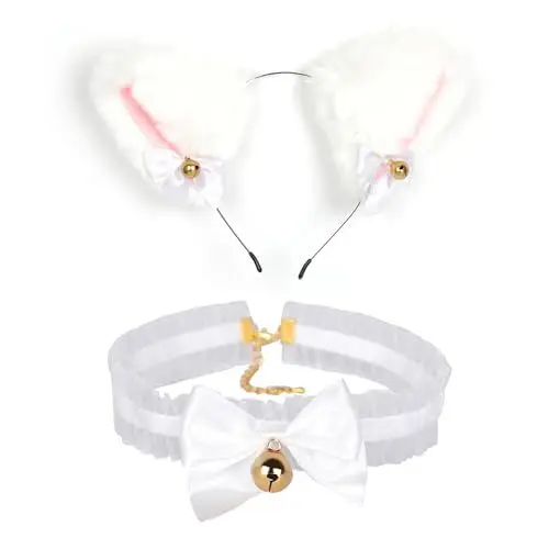 Produktbild: Fokroin Katzenohren Haarreif, Katze Cosplay Set mit Glöckchen Halskette, Halloween Stirnband, Cosplay, für Kinder Und Erwachsene Katzenohren Zubehör für Kostümpartys für Halloween Karneval