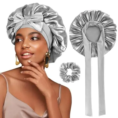 Produktbild: FOLAI 1 Stück Schlafmütze Satin Bonnet seidenhaube zum schlafen Nacht Schlaf Mütze Verstellbare Schlafkappe Kopfbedeckung Weiche Kopfhaube Schlafhaube Seide mit Gummizug für Damen und Mädchen(Silber)
