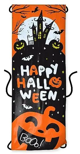 Produktbild: Folat 23864 - Happy Halloween Booo! - Halloween Dekoration Türvorhang 'Happy Halloween' Figuren Geist, Kürbis, Katze, Hexe, Fledermaus Schwarz, Orange, fur Halloween Party Deko Kinder