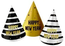 Produktbild: Folat 63752 Partyhütchen-BlackGold HNY-10 cm-6 Stück-Silvester Deko, Neujahrs Party, Neujahr Silvesterdeko, Frohes Neues Jahr, Happy New Year, Mehrfarbig