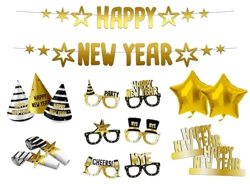 Produktbild: Folat 63764 Partybox BlackGold HNY-Silvester Deko, Neujahrs Party, Neujahr Silvesterdeko, Frohes Neues Jahr, Happy New Year, Mehrfarbig