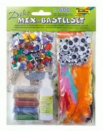 Produktbild: folia 12420 - Deko-Mix Bastelset, 600 Teile, sortiert, bestehend aus Schmucksteinen, Wackelaugen, Federn, Glitzer und Kleber
