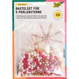 Produktbild: folia 12520 - Bastelset für 5 Perlensterne, rot / gold / perlweiß - ideal als selbstgemachte Dekoration für Weihnachten, Mittel