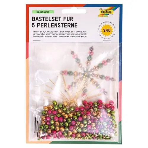 Produktbild: folia 12540 - Bastelset für 5 Perlensterne Classic, rot / gold / grün, 340 teilig - ideal als selbstgemachte Dekoration für Weihnachten