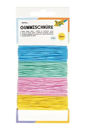 Produktbild: folia 13704 - Gummi-Schnüre Pastell, dünnes elastisches Gummi-Band in 4 zarten Pastell-Farben à 5 m, ca. 1 mm stark, zum Basteln von Masken, Armbändern uvm.