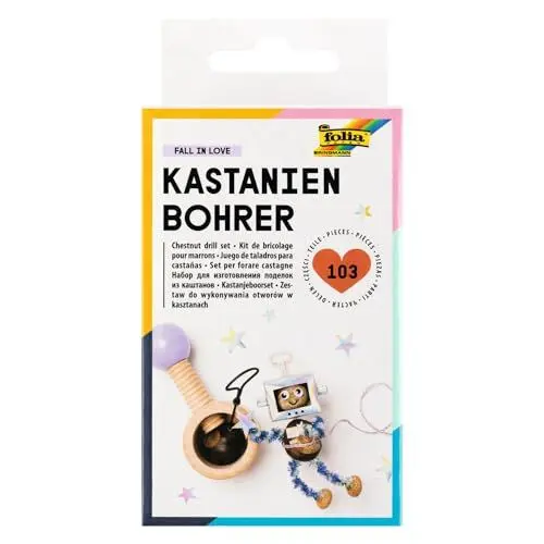 Produktbild: folia 23007 - Kastanienbohrer Bastelset FALL IN LOVE mit Haltevorrichtung aus Holz, 2 und 3 mm Bohrer aus Metall, Set für Kinder und Erwachsene, inkl. 100 Zahnstochern