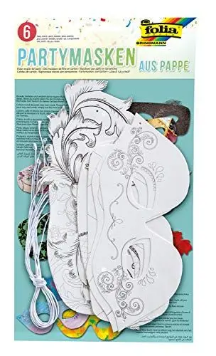 Produktbild: folia 23229 - Partymasken, 6 Masken aus stabiler, weißer Pappe mit vorgedruckten Konturen, verschiedene Motive zum Selbstbemalen und Gestalten, inklusive Gummis