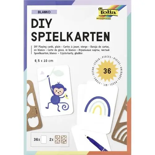 Produktbild: folia 2327 - DIY Spielkarten BLANKO, 36 Stück ca. 6,5 x 10 cm, Spielkarten-Set mit leeren Karten in Weiß, 2 Schablonen aus Kraftpappe und einer Vorlage, Kartenspiel zum selber gestalten