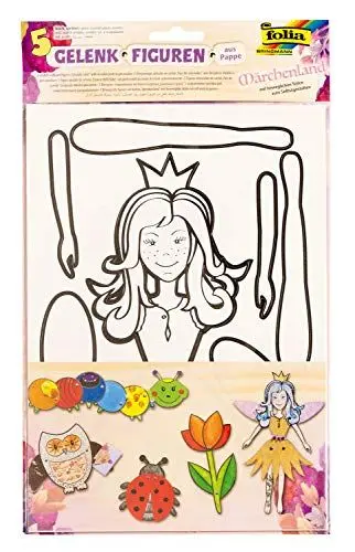 Produktbild: folia 23329 - Gelenkfiguren Märchenland, Pappfiguren mit vorgedruckten Konturen und Gelenkklammern, zum Bemalen und Gestalten, 5 Stück, Fee, Eule, Blume, Marienkäfer und Raupe