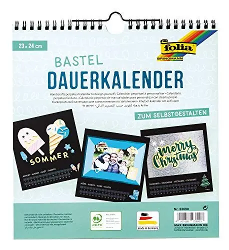 Produktbild: folia 23690 - Dauerkalender, Bastelkalender mit Spiralbindung, ca. 23 x 24 cm, schwarz mit silbernem Druck, für Bilder und Fotos bis max. 13 x 18 cm