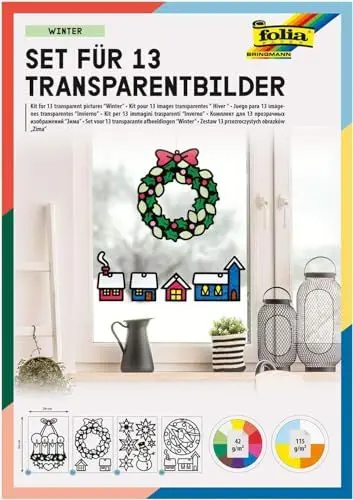 Produktbild: folia 23822 - Transparent - Bilder, im Winter Design, Set für 13 Transparentbilder, zum Basteln von farbenfrohen Fensterbildern und Anhängern für Bäume und Sträucher