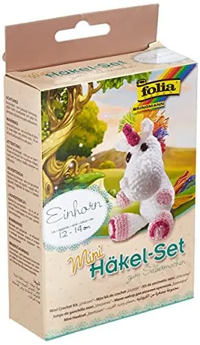 Produktbild: folia 23910 - Mini Häkelset Einhorn, Komplettset zur Erstellung von einem selbst gehäkelten niedlichen Einhorn, ca. 12 - 14 cm groß, für Kinder ab 8 Jahren und Erwachsene, als Geschenk