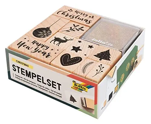 Produktbild: folia 31108 - Holzstempelset Christmas, inklusive 10 Holzstempel und 2 Stempelkissen - ideal zum Verzieren von Karten, Freundschaftsbüchern, für Lettering und Scrapbooking