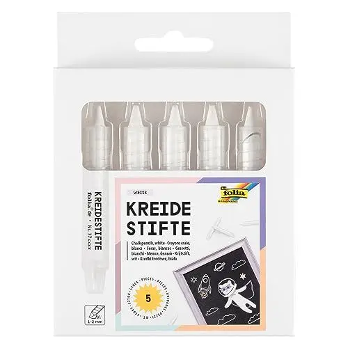 Produktbild: folia 370500 - Kreidestifte Set, 5 Kreidemarker in Weiß, zum Malen auf Tafel, Glas, Papier und anderen glatten Oberflächen