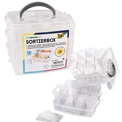 Produktbild: folia 43002 - Sortierbox, aus transparentem Kunststoff mit Tragegriff und 18 variablen Fächern auf 3 Ebenen, ca. 15 x 15 x 12,5 cm groß, für kleine Bastelmaterialien, Knöpfe, Perlen, Schmuck uvm.