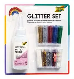 Produktbild: folia 579 - Glitter Set, bestehend aus Bastelkleber und 10 Dosen Glitterpulver und -streuteile, farbig sortiert - ideal zum Verzieren Ihrer Bastelarbeiten, Grußkarten, Scrapbooking, und vielem mehr