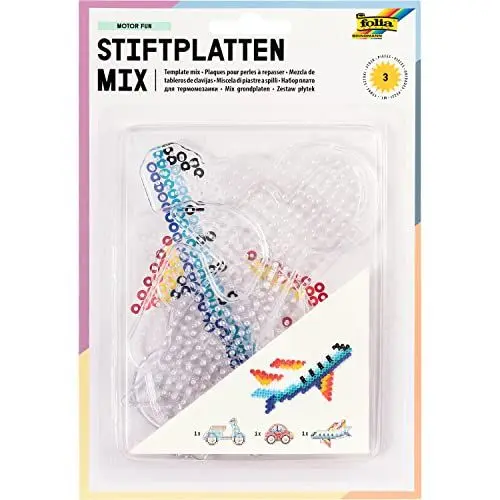 Produktbild: folia 73213 - Bügelperlen Stiftplatten Set Fahrzeuge, 3 transparente Steckplatten für Bügelperlen mit einem Durchmesser von 5 mm, Flugzeug, Roller und Auto