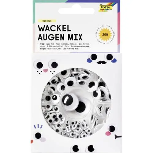 Produktbild: folia 7549 - Wackelaugen Mix BIG BOX, 200 klassische Kulleraugen in 6 Größen, inkl. Ø 14 mm mit Wimpern, selbstklebend, zum Verzieren und Dekorieren