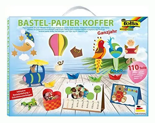 Produktbild: folia 930 - Bastelpapierkoffer Ganzjahr, 110 Teile - Kreativset für Kinder und Erwachsene mit Bastelpapier und Dekoelementen