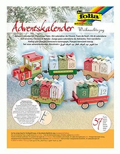 Produktbild: folia 9394 - Adventskalender Weihnachtszug, 60 teiliges Bastelset mit vorgestanzter Eisenbahn und 24 Geschenkpäckchen zum Zusammenstecken, ideal für kleine Geschenke im Advent