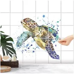Produktbild: FoLIESEN Fliesenaufkleber - Deko-Bild für Bad, Küche, Badezimmer - Dekoration Fliesen-Bild Wasser-Schildkröte selbstklebend - Meeresschildkröte, Fliese - Bild (BxH):20x25 cm - 40x50 cm / 4-tlg.