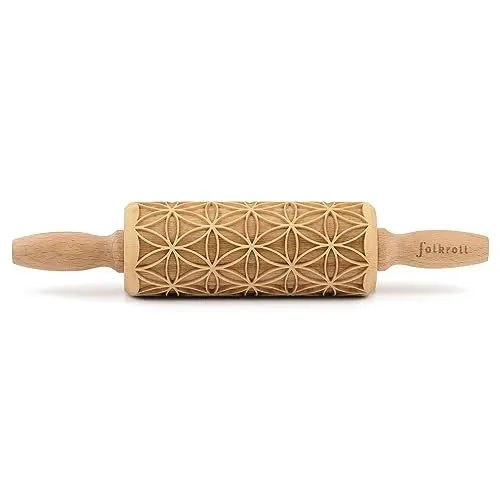 Produktbild: Folkroll Teigrolle Blume des Lebens, junior, 23 cm, Nudelholz, Prägerolle, Muster, Motiv, Rolle, Buchenholz, 331613